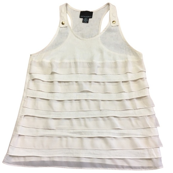 Cynthia Rowley Ivory Linen Blend Ruffled Racerback Tank Blouse - Sz S - Picture 1 of 6